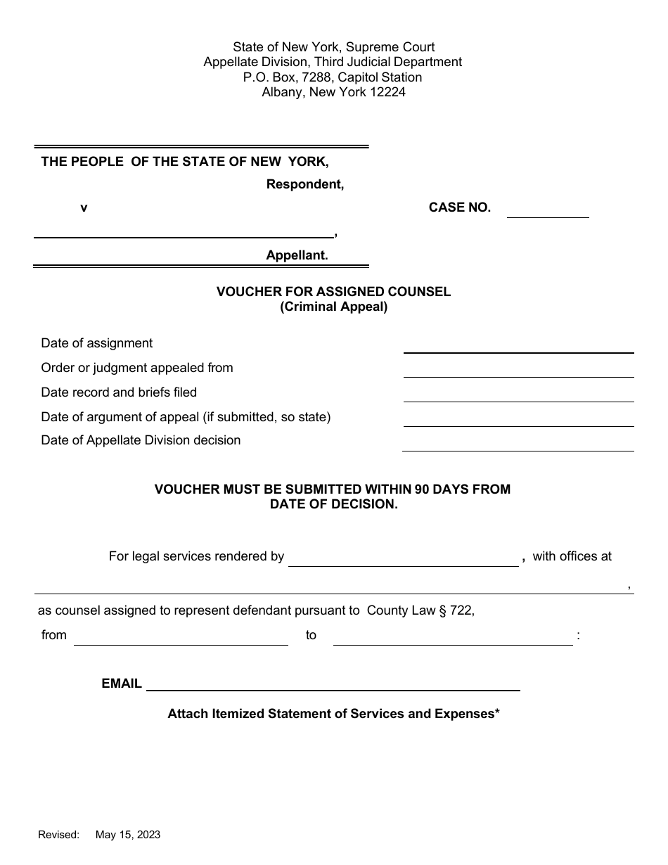 Voucher for Assigned Counsel (Criminal Appeal) - New York, Page 1