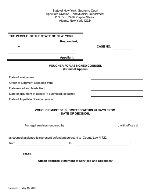 Voucher for Assigned Counsel (Criminal Appeal) - New York Download Pdf