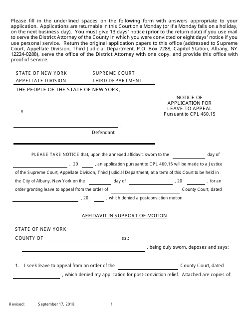 Notice of Application for Leave to Appeal Pursuant to Cpl 460.15 - New York Download Pdf