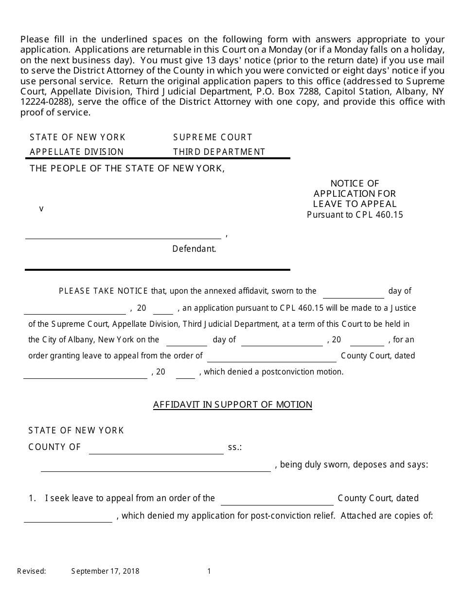 Notice of Application for Leave to Appeal Pursuant to Cpl 460.15 - New York, Page 1