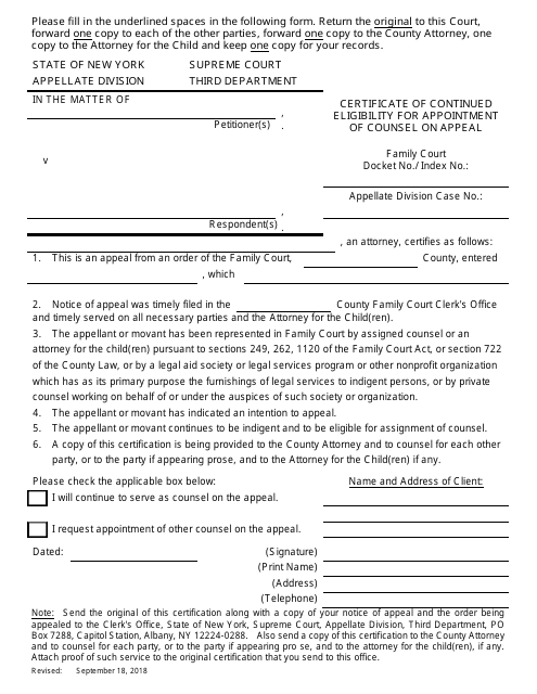Certificate of Continued Eligibility for Appointment of Counsel on Appeal - New York Download Pdf