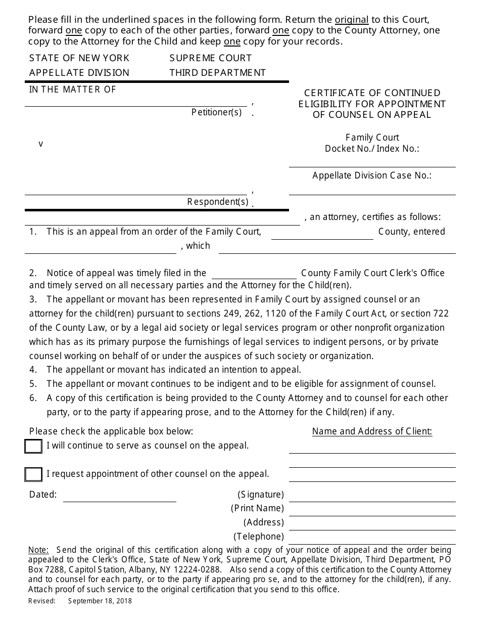 Certificate of Continued Eligibility for Appointment of Counsel on Appeal - New York, Page 1