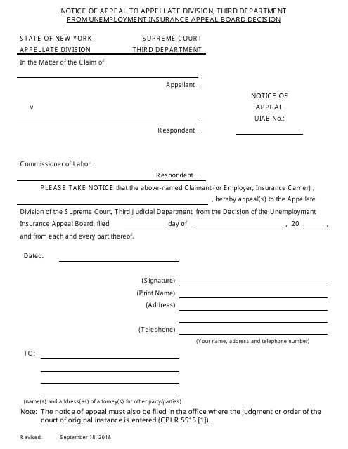 Notice of Appeal to Appellate Division, Third Department From Unemployment Insurance Appeal Board Decision - New York Download Pdf