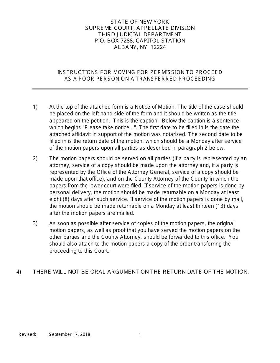 Notice of Motion for Permission to Proceed as Poor Person in Transferred Proceeding - New York, Page 1