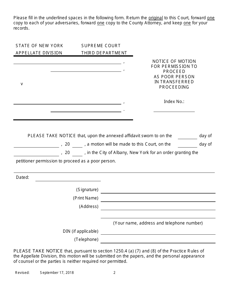 Notice of Motion for Permission to Proceed as Poor Person in Transferred Proceeding - New York, Page 2