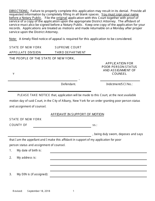 Application for Poor Person Status and Assignment of Counsel - New York Download Pdf