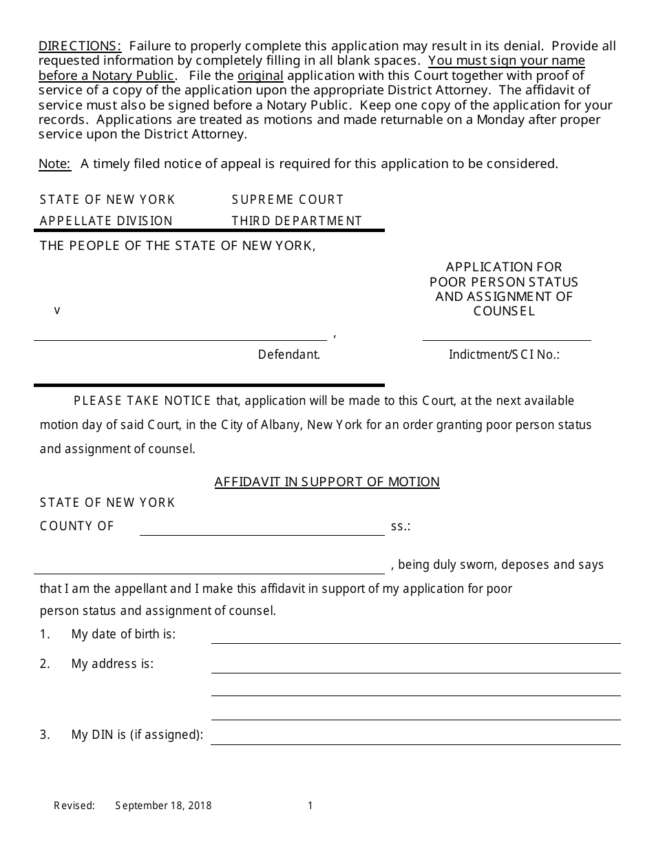 Application for Poor Person Status and Assignment of Counsel - New York, Page 1