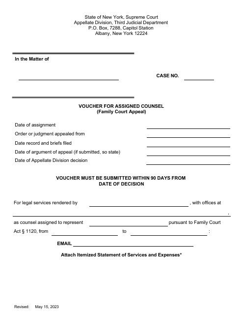 Voucher for Assigned Counsel (Family Court Appeal) - New York Download Pdf