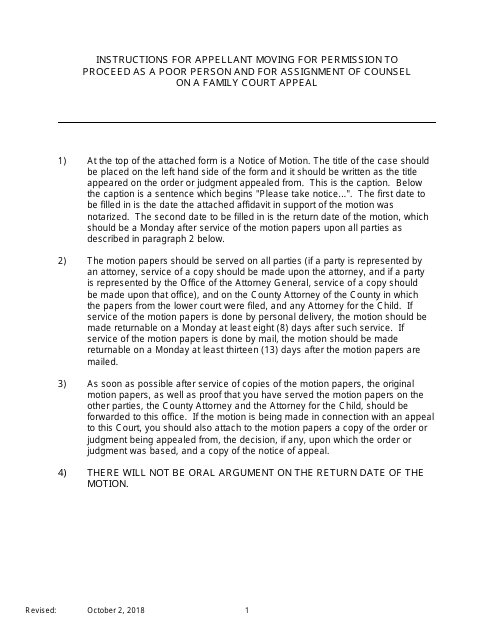 Notice of Motion by Appellant for Permission to Proceed as a Poor Person / Assignment of Counsel on Appeal of an Order of Family Court - New York Download Pdf