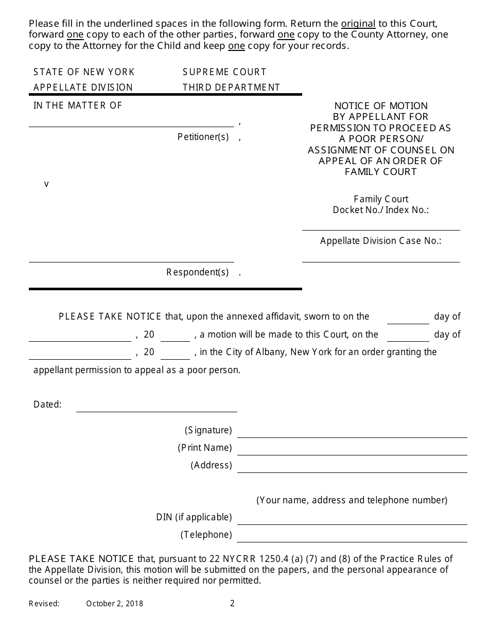 Notice of Motion by Appellant for Permission to Proceed as a Poor Person / Assignment of Counsel on Appeal of an Order of Family Court - New York, Page 2