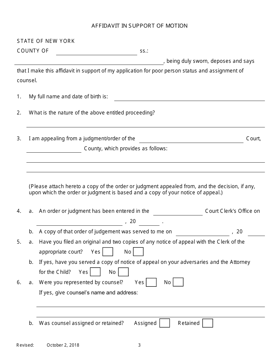 Notice of Motion by Appellant for Permission to Proceed as a Poor Person / Assignment of Counsel on Appeal of an Order of Family Court - New York, Page 3