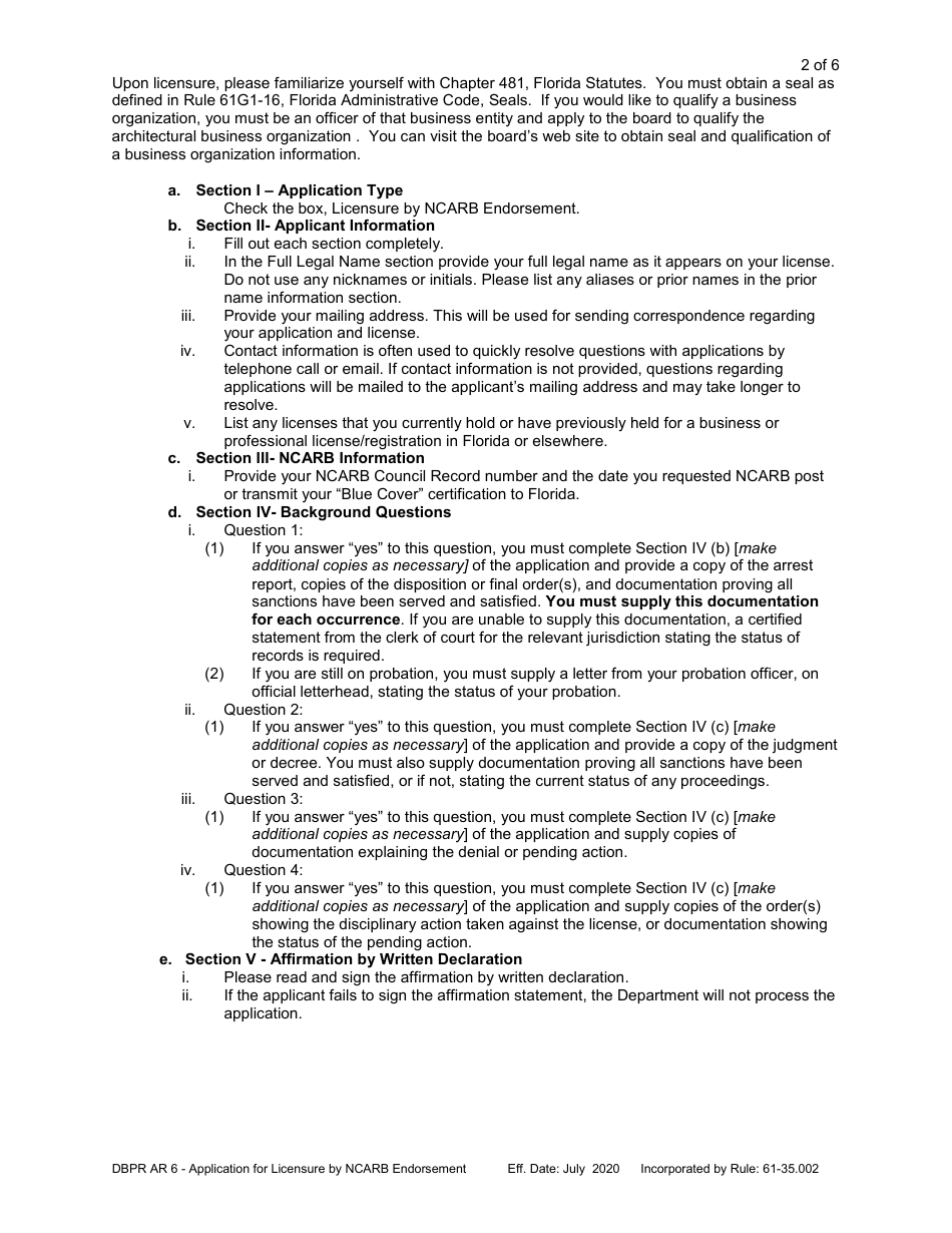 Form DBPR AR6 Application for Licensure by Ncarb Endorsement - Florida, Page 3