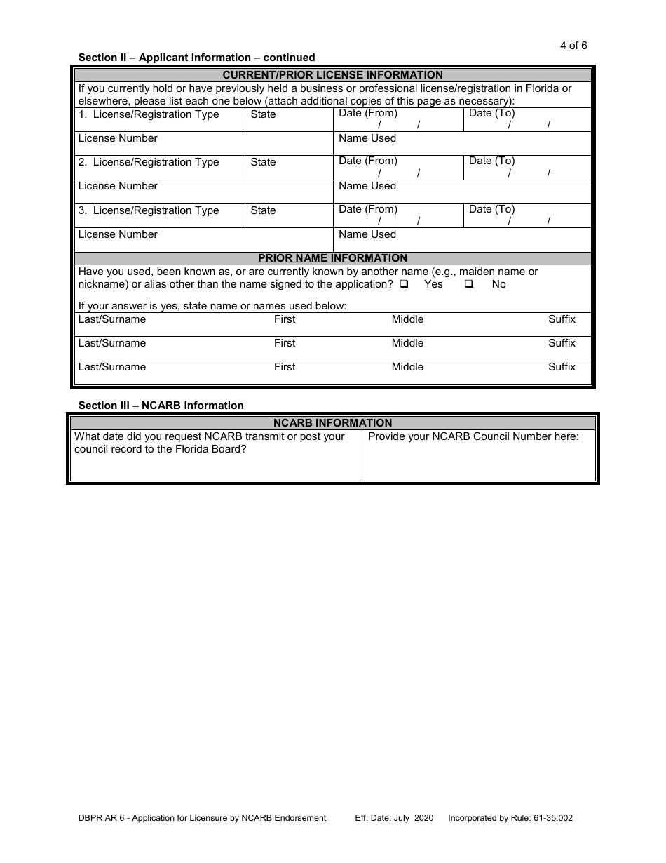 Form DBPR AR6 Application for Licensure by Ncarb Endorsement - Florida, Page 5