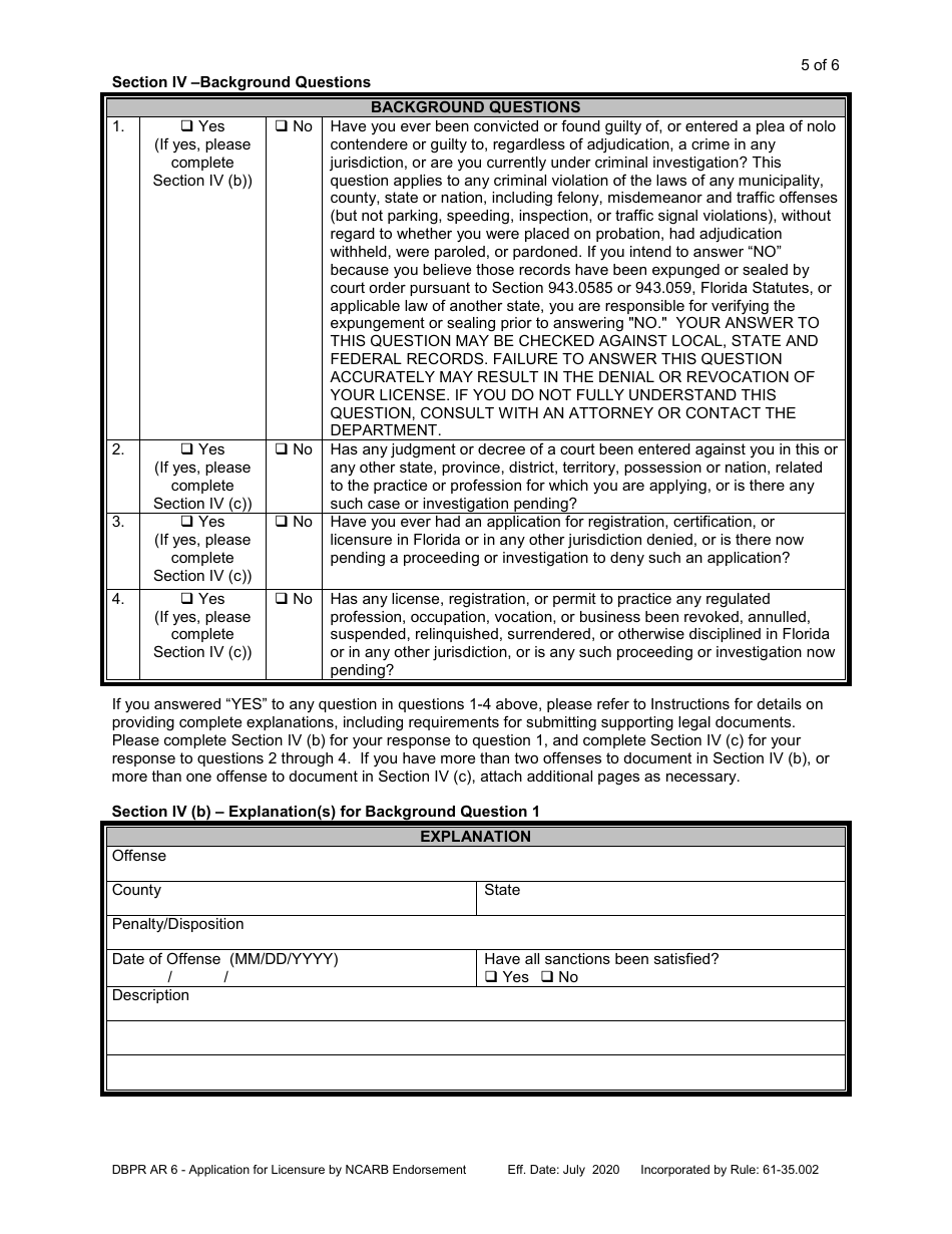 Form DBPR AR6 Application for Licensure by Ncarb Endorsement - Florida, Page 6