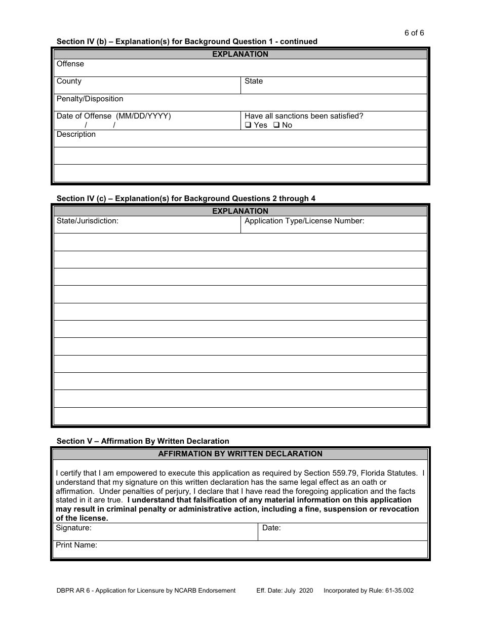Form DBPR AR6 Application for Licensure by Ncarb Endorsement - Florida, Page 7
