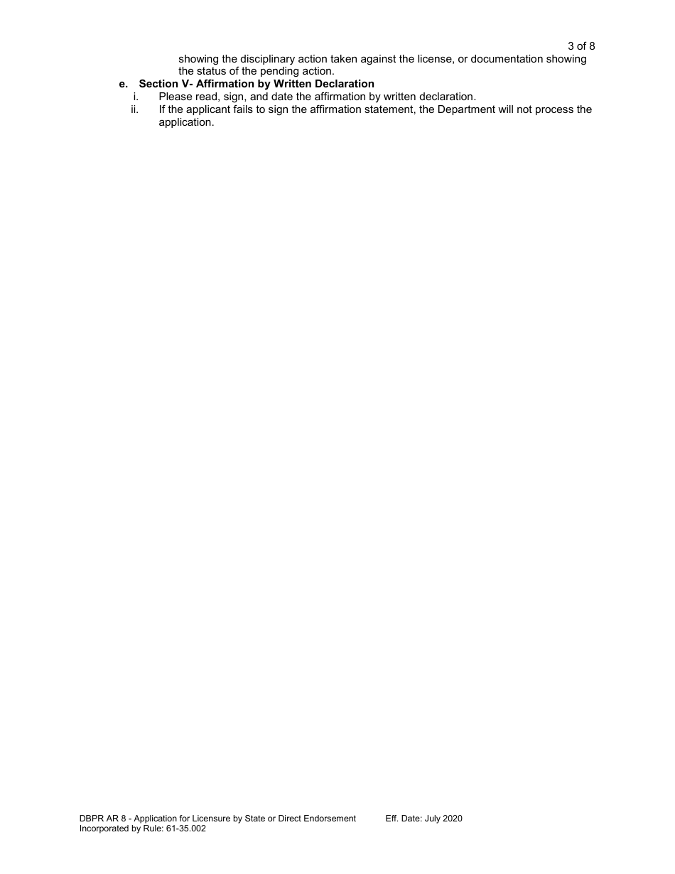 Form DBPR AR8 Application for Licensure by State or Direct Endorsement - Florida, Page 4