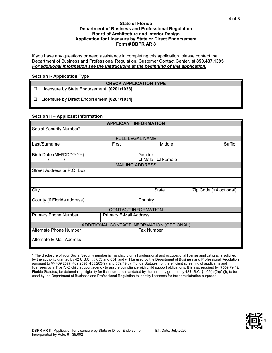 Form DBPR AR8 Application for Licensure by State or Direct Endorsement - Florida, Page 5
