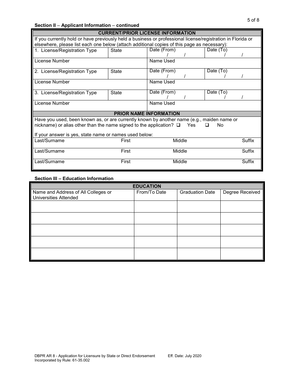 Form DBPR AR8 Application for Licensure by State or Direct Endorsement - Florida, Page 6