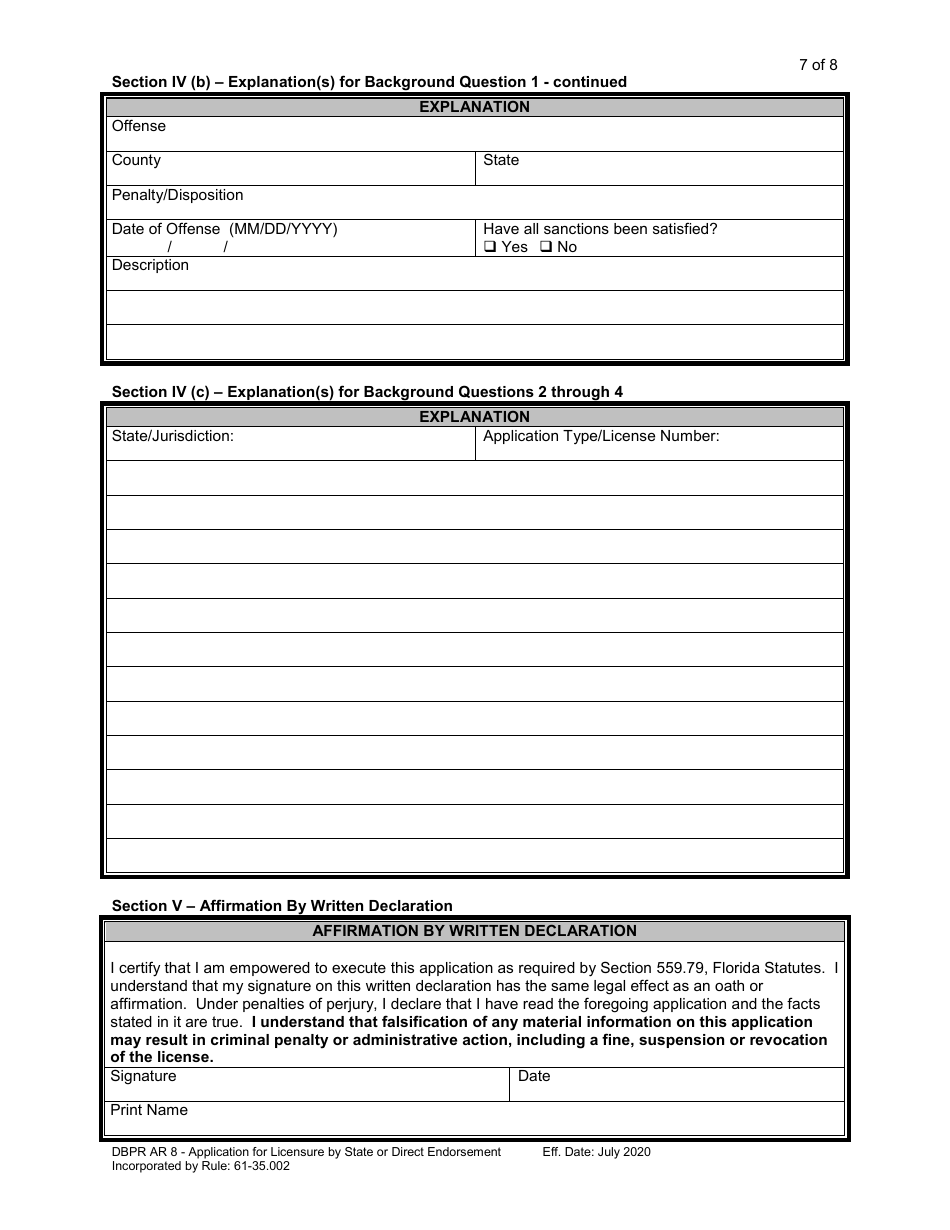 Form DBPR AR8 Application for Licensure by State or Direct Endorsement - Florida, Page 8