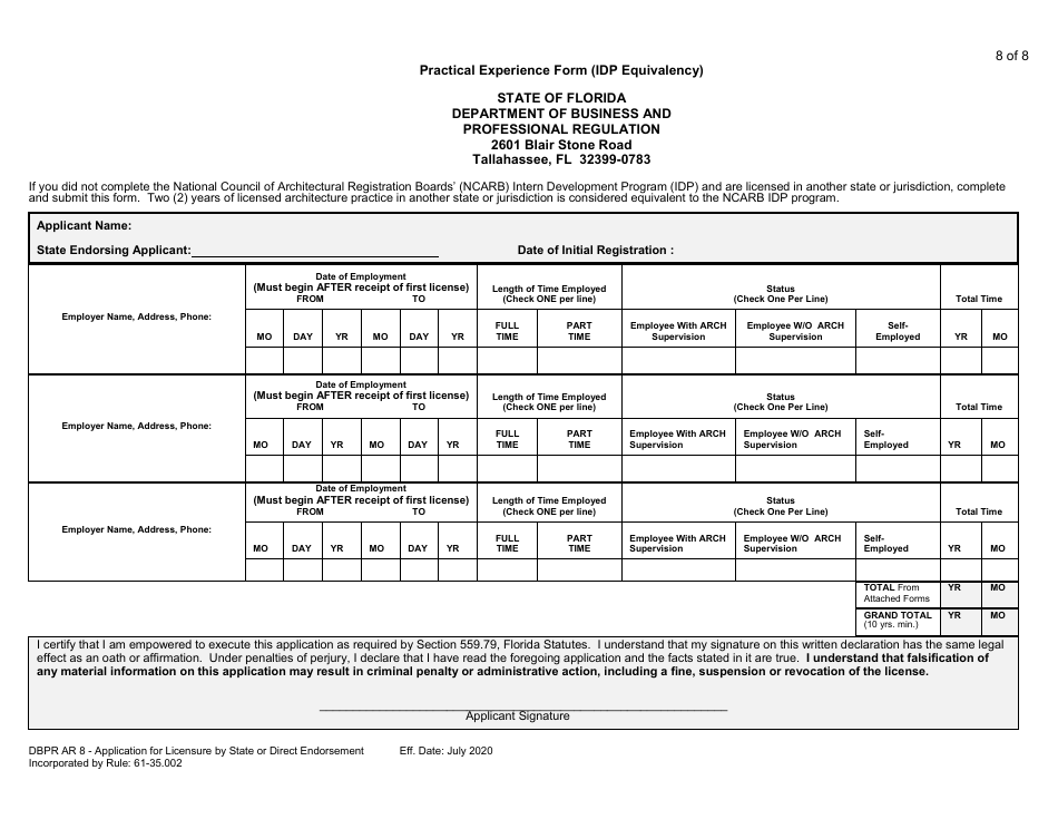 Form DBPR AR8 Application for Licensure by State or Direct Endorsement - Florida, Page 9