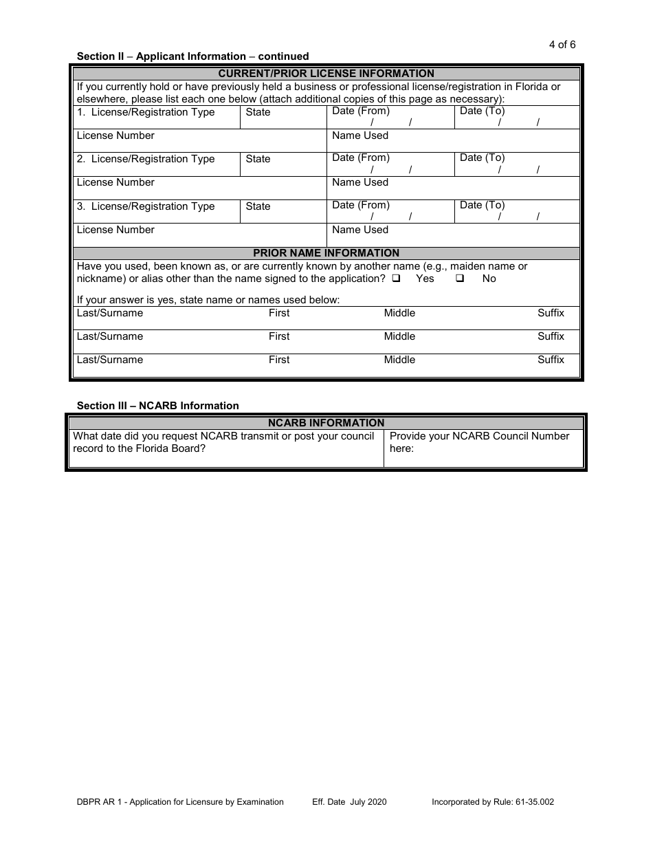 Form DBPR AR1 Application for Licensure by Exam - Florida, Page 5