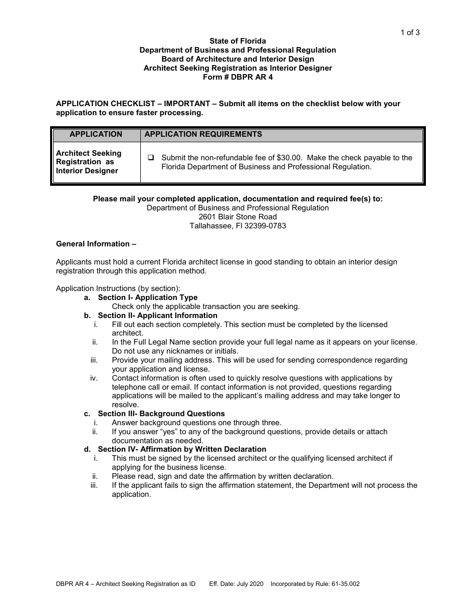 Form DBPR AR4 Architect Seeking Registration as Interior Designer - Florida, Page 2