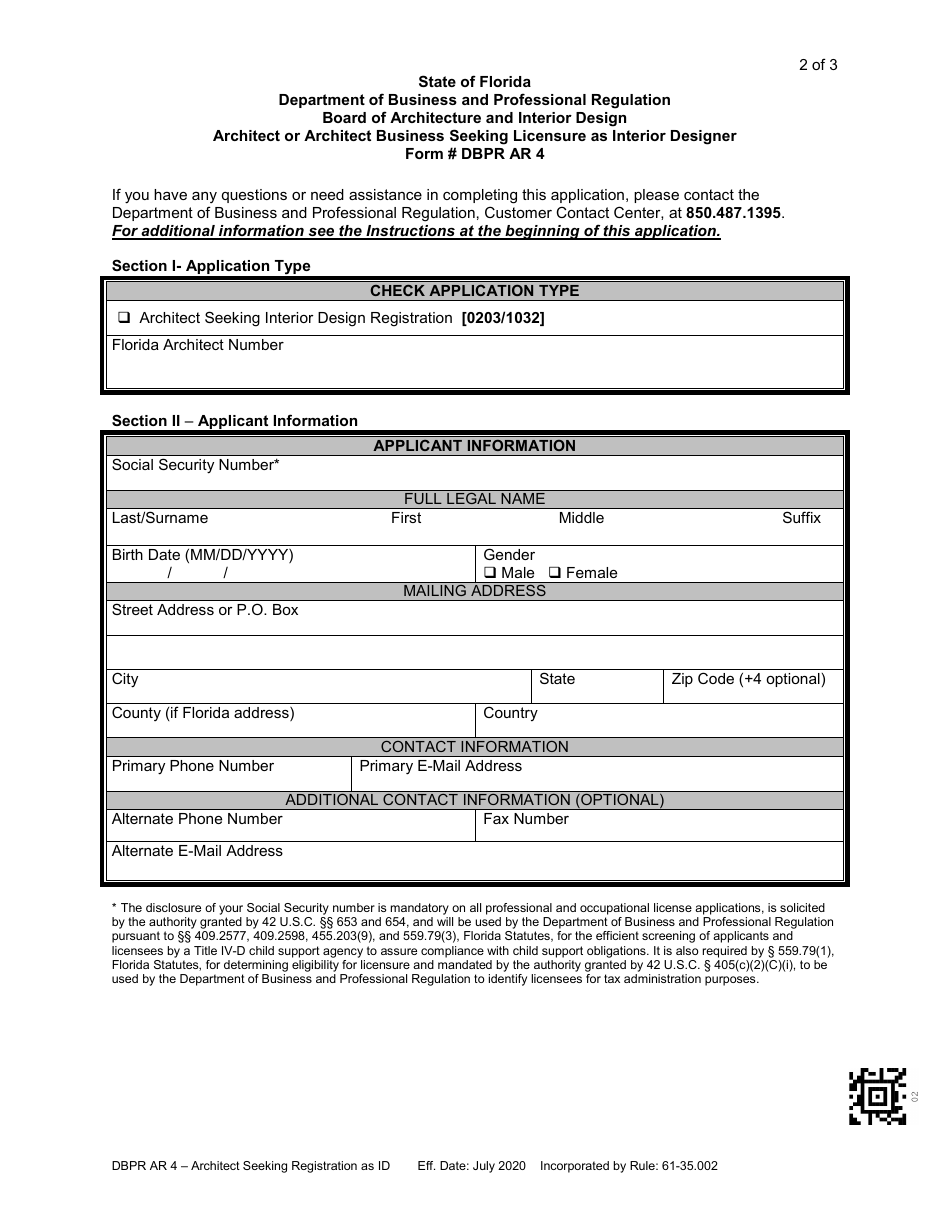 Form DBPR AR4 Architect Seeking Registration as Interior Designer - Florida, Page 3