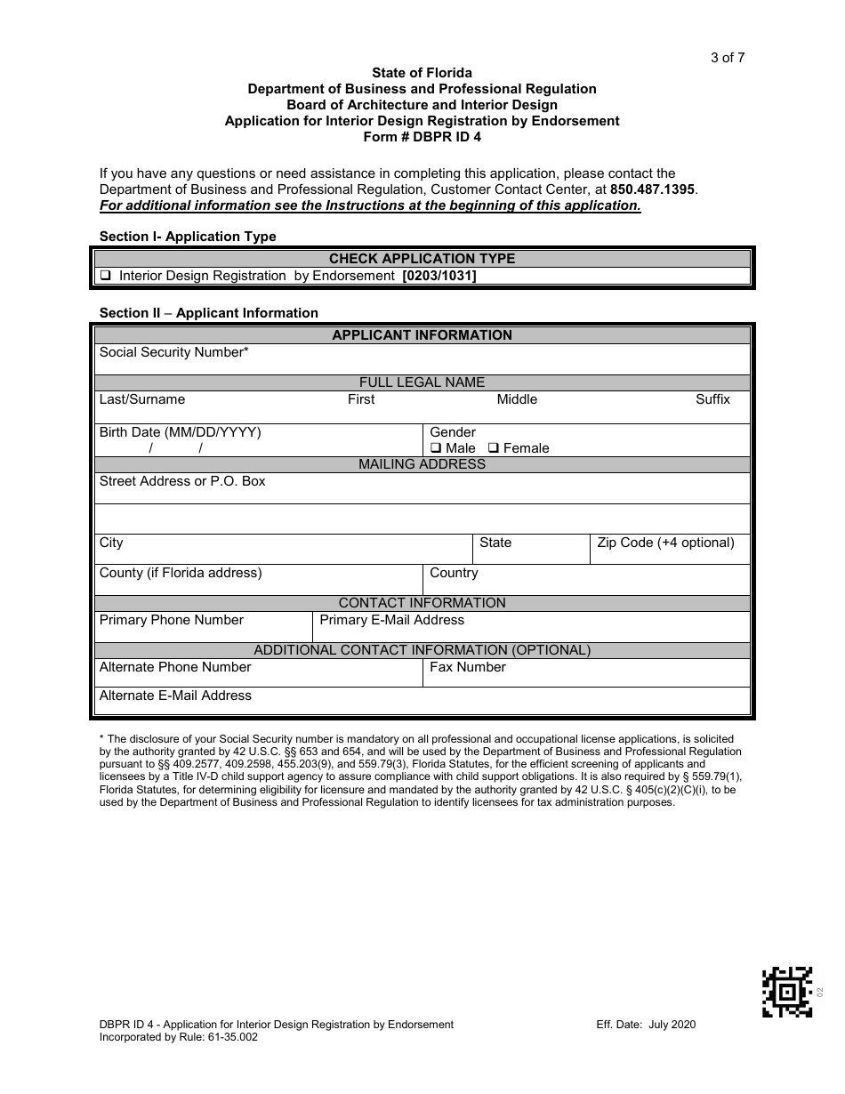 Form DBPR ID4 Application for Interior Design Registration by Endorsement - Florida, Page 4