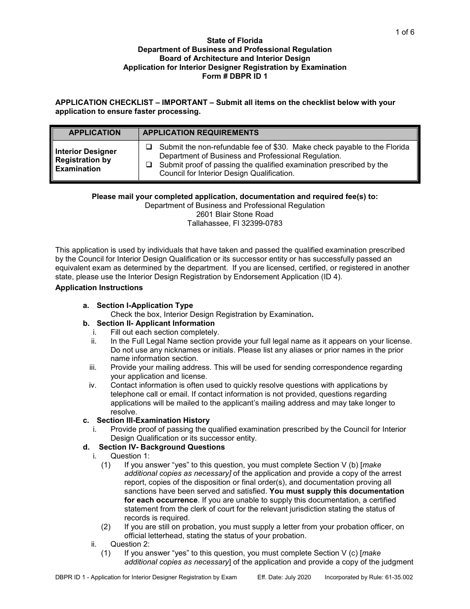 Form DBPR ID1 Application for Interior Designer Registration by Exam - Florida, Page 2
