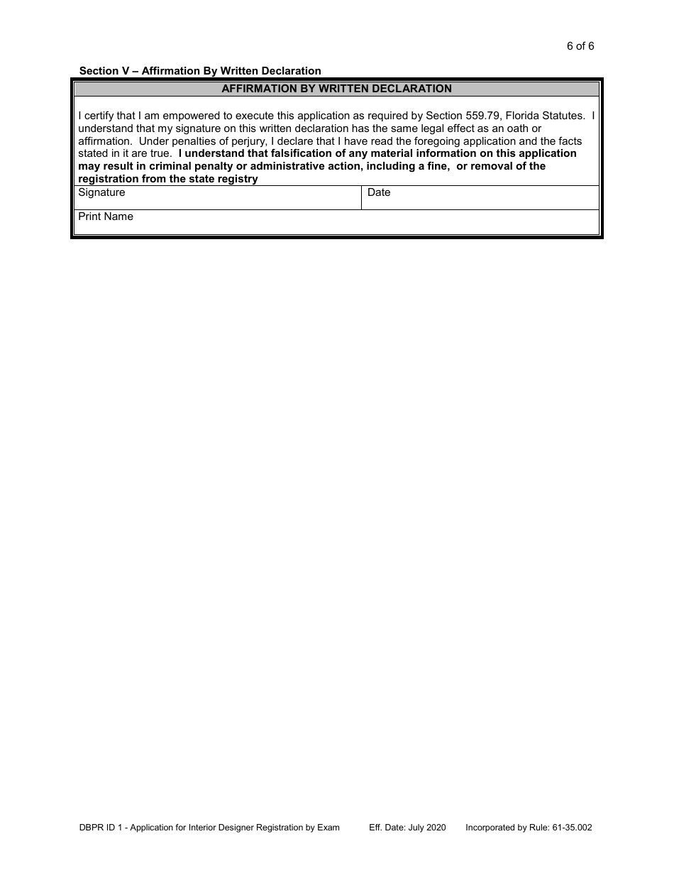 Form DBPR ID1 Application for Interior Designer Registration by Exam - Florida, Page 7
