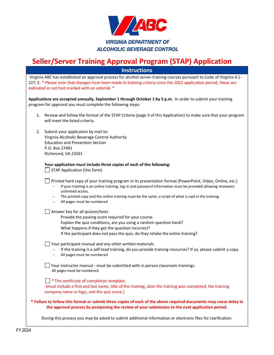 Seller / Server Training Approval Program (Stap) Application - Virginia, Page 1