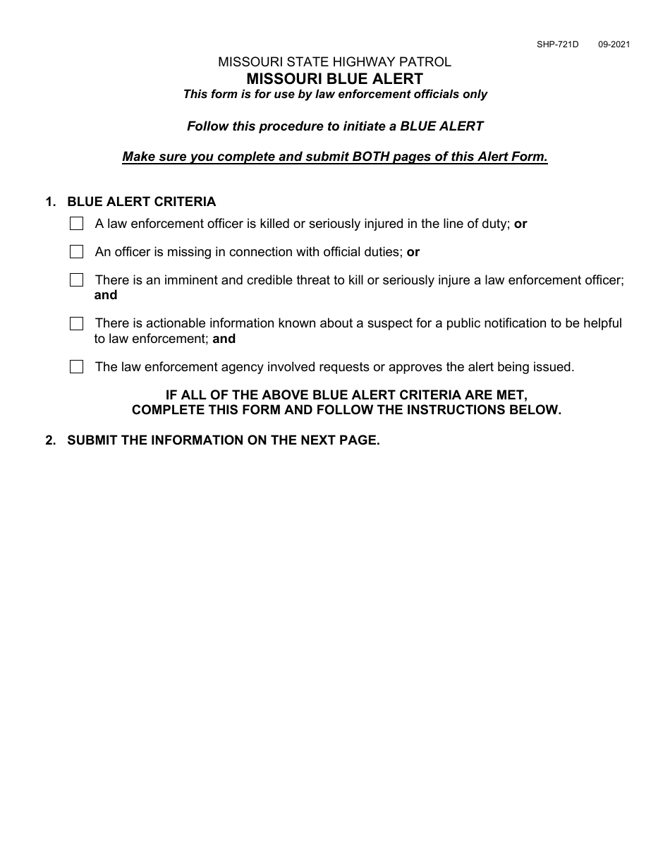 Form SHP-721D Missouri Blue Alert - Missouri, Page 1