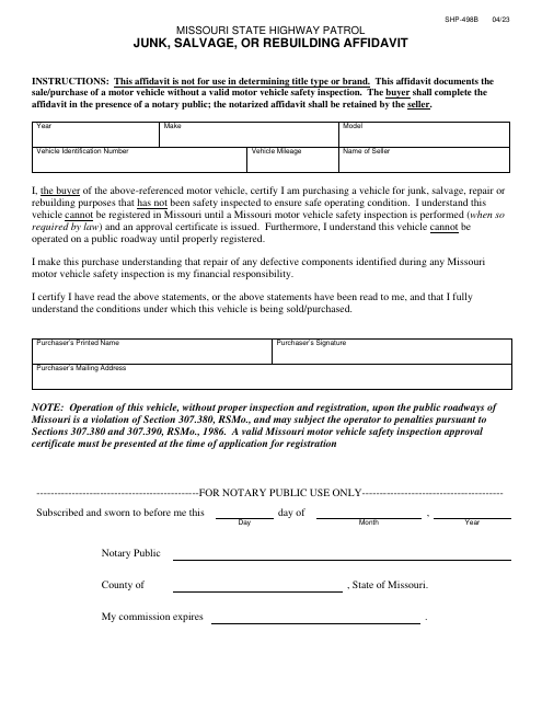 Form SHP-498B Junk, Salvage, or Rebuilding Affidavit - Missouri