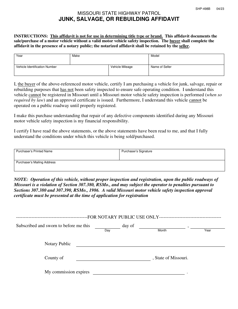 Form SHP-498B Junk, Salvage, or Rebuilding Affidavit - Missouri, Page 1