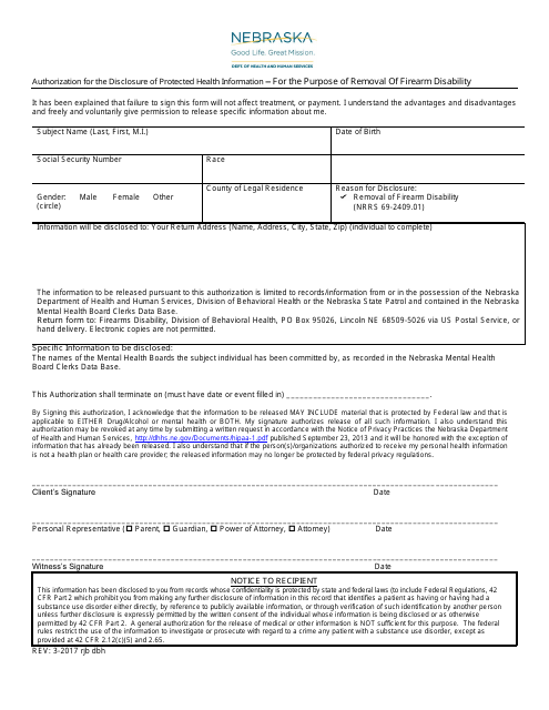 Authorization for the Disclosure of Protected Health Information - for the Purpose of Removal of Firearm Disability - Nebraska Download Pdf