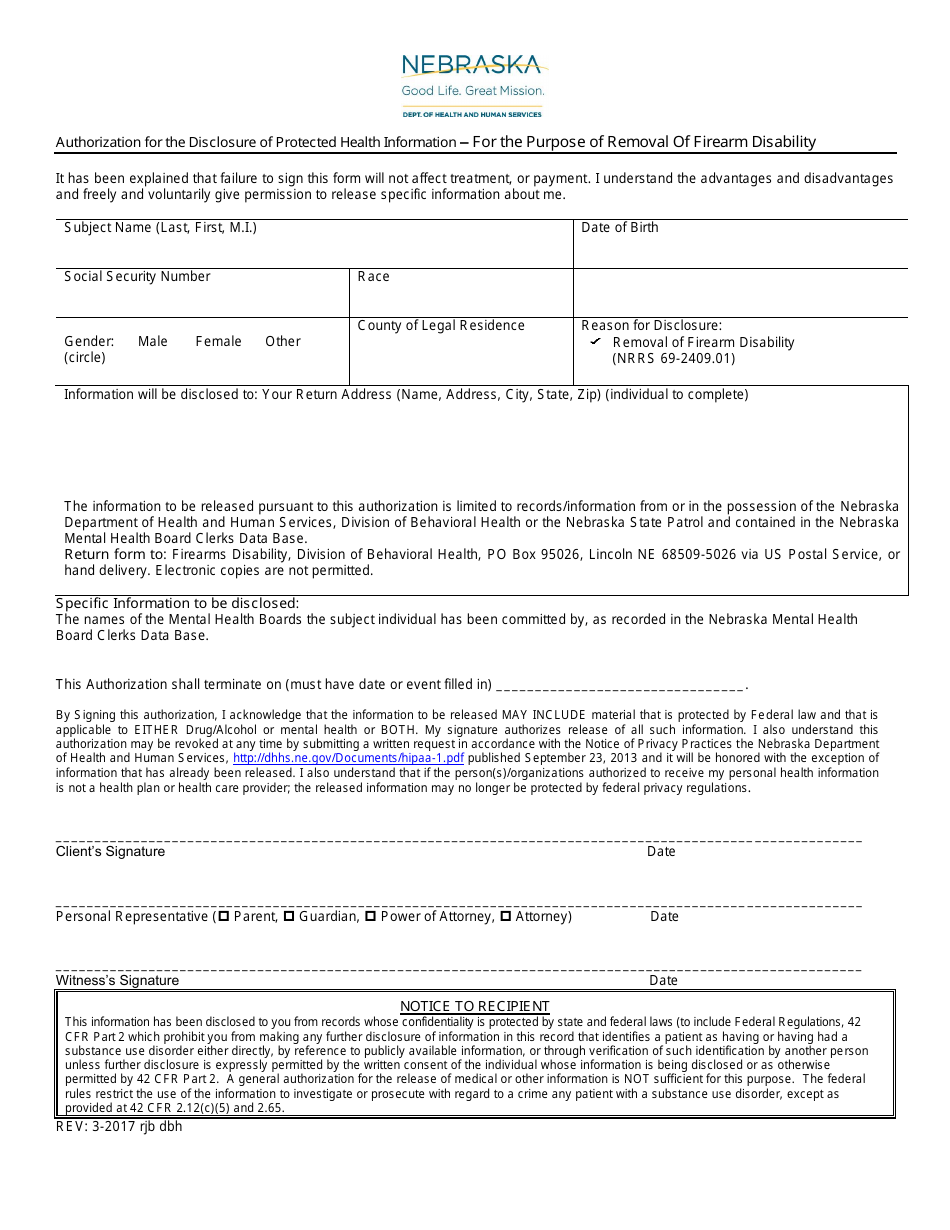 Authorization for the Disclosure of Protected Health Information - for the Purpose of Removal of Firearm Disability - Nebraska, Page 1