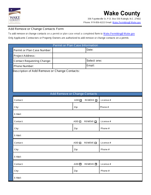 Add, Remove or Change Contacts Form - Wake County, North Carolina Download Pdf