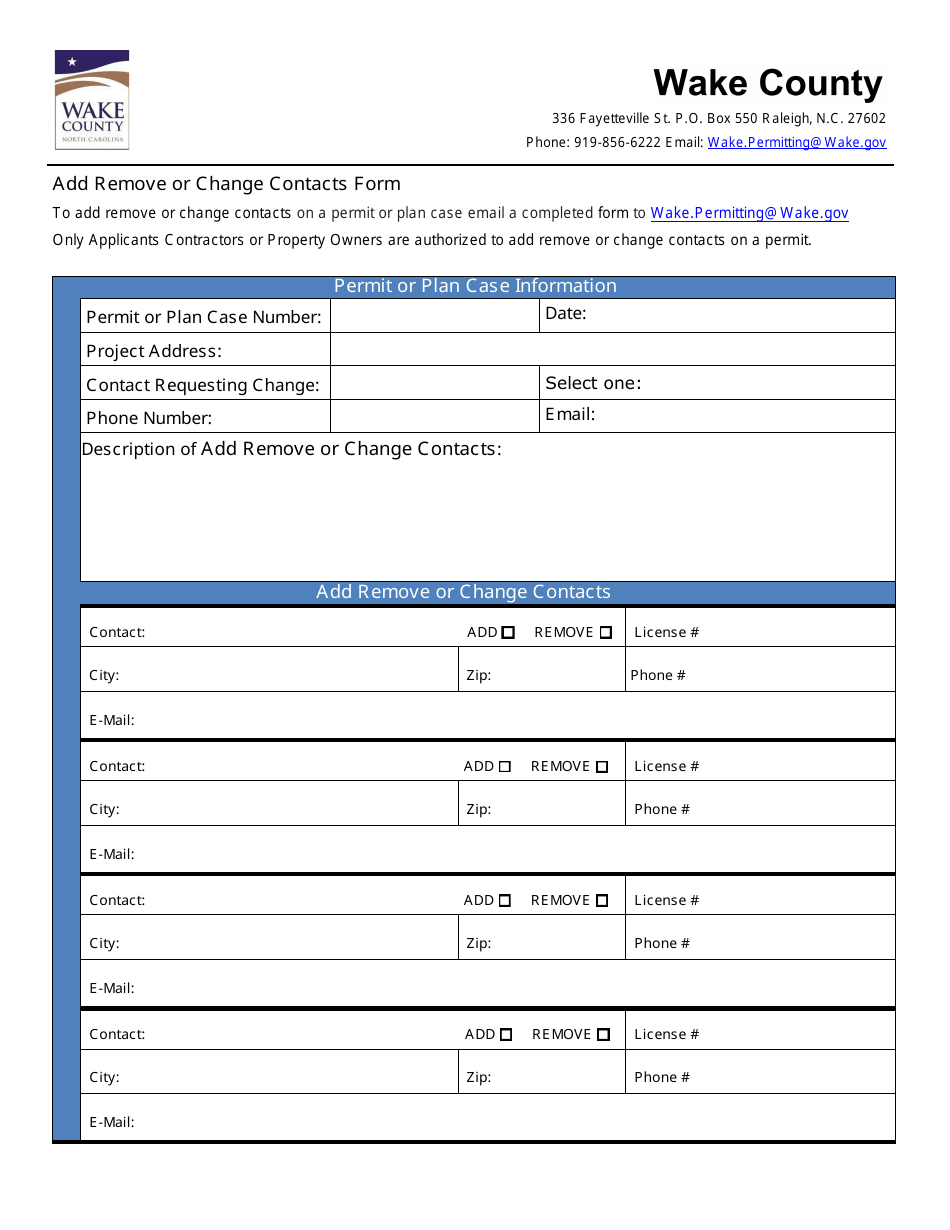 Add, Remove or Change Contacts Form - Wake County, North Carolina, Page 1