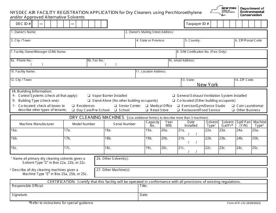 Form AFR-232 Nysdec Air Facility Registration Application for Dry Cleaners Using Perchloroethylene and / or Approved Alternative Solvents - New York, Page 1