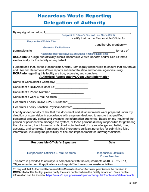 Hazardous Waste Reporting Delegation of Authority - New York Download Pdf
