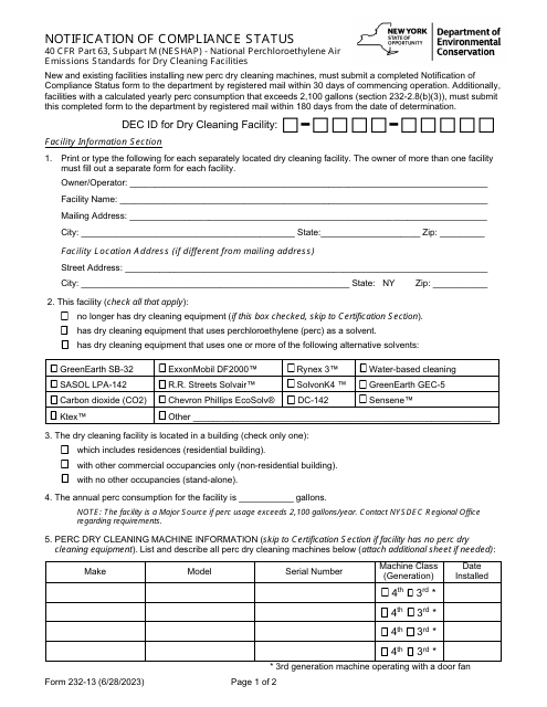 Form 232-13 Notification of Compliance Status - 40 Cfr Part 63, Subpart M (Neshap) - National Perchloroethylene Air Emissions Standards for Dry Cleaning Facilities - New York
