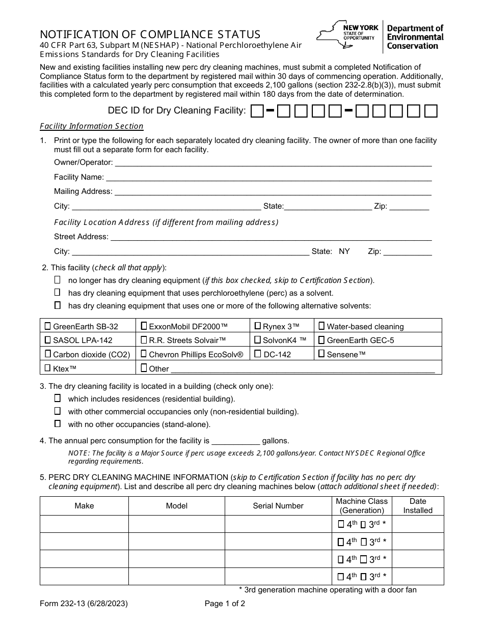 Form 232-13 Notification of Compliance Status - 40 Cfr Part 63, Subpart M (Neshap) - National Perchloroethylene Air Emissions Standards for Dry Cleaning Facilities - New York, Page 1
