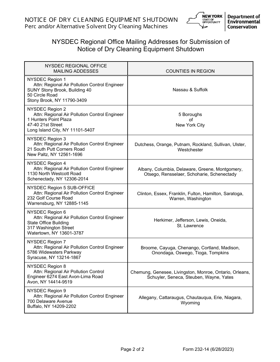 Form 232-14 Notice of Dry Cleaning Equipment Shutdown - Perc and / or Alternative Solvent Dry Cleaning Machines - New York, Page 2