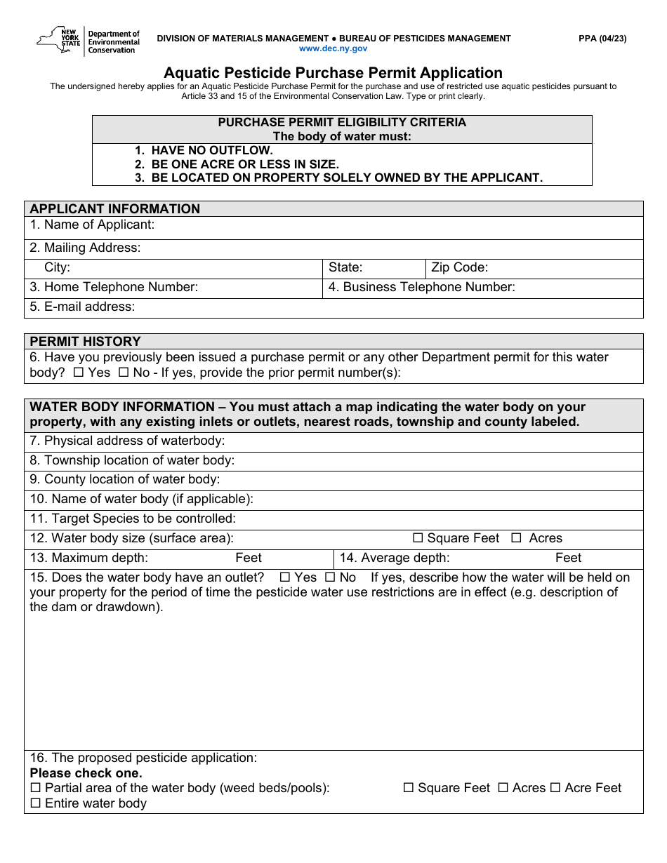 Aquatic Pesticide Purchase Permit Application - New York, Page 1