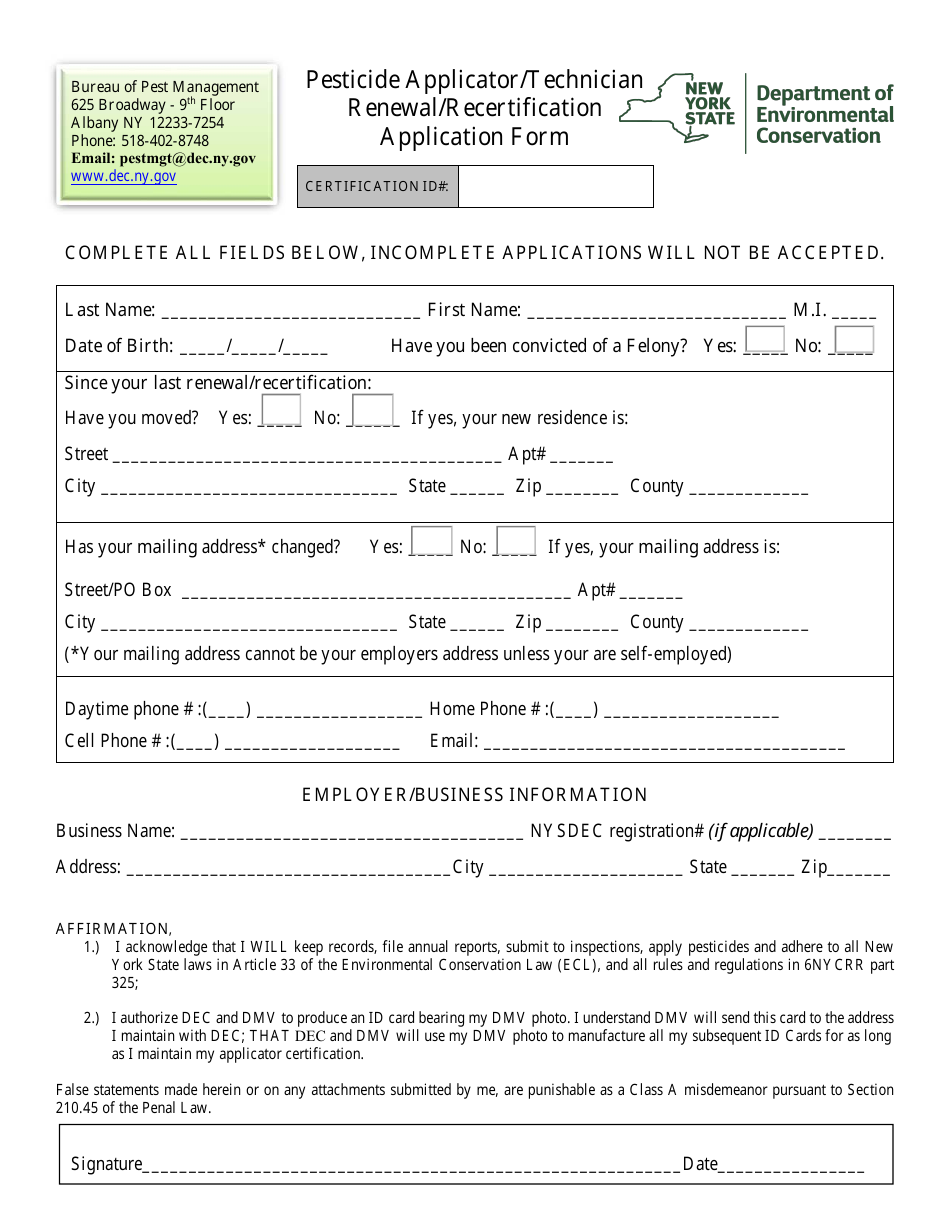 Pesticide Applicator / Technician Renewal / Recertification Application Form - New York, Page 2