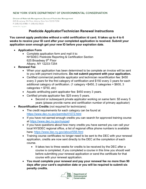Pesticide Applicator / Technician Renewal / Recertification Application Form - New York Download Pdf