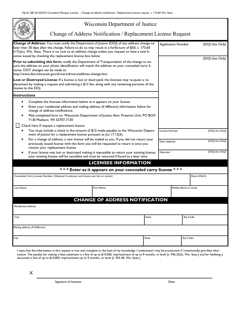 Form DJ-LE-285 Change of Address Notification/Replacement License Request - Wisconsin
