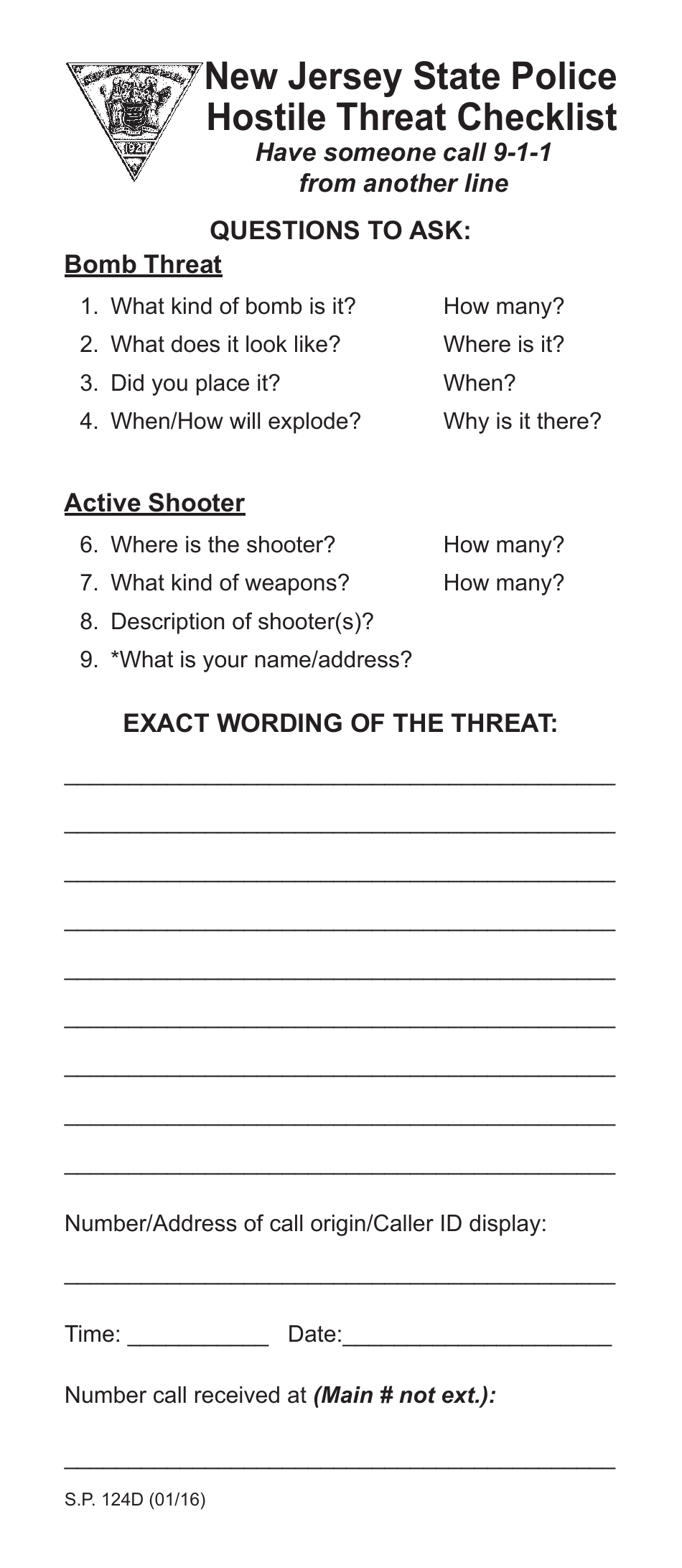 Form S.P.124D Hostile Threat Checklist - New Jersey, Page 1