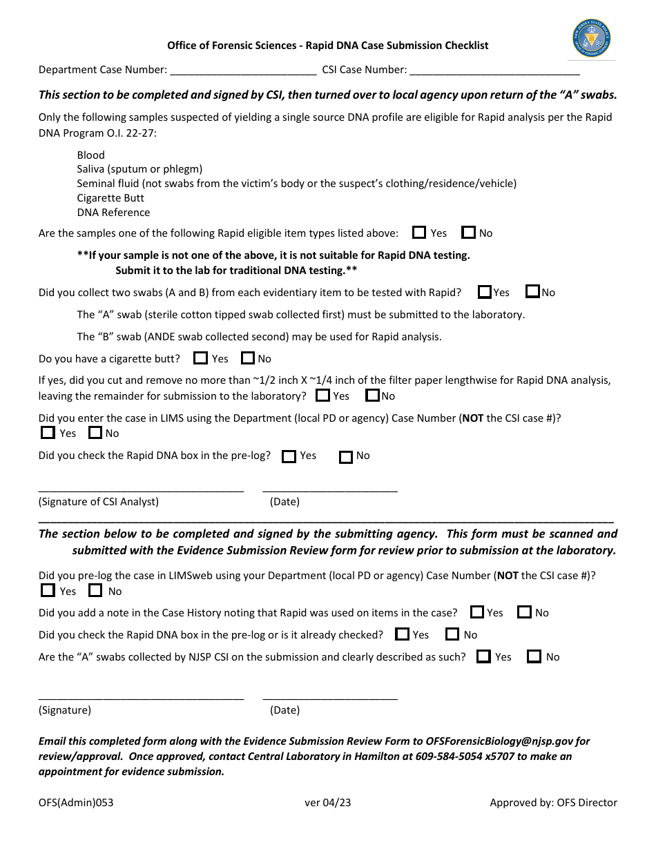 Form OFS053 Rapid Dna Case Submission Checklist - New Jersey, Page 1