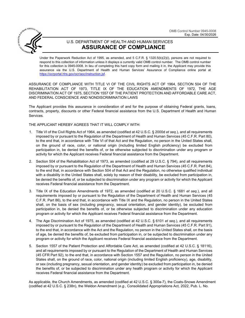 Form HHS690 Assurance of Compliance, Page 1